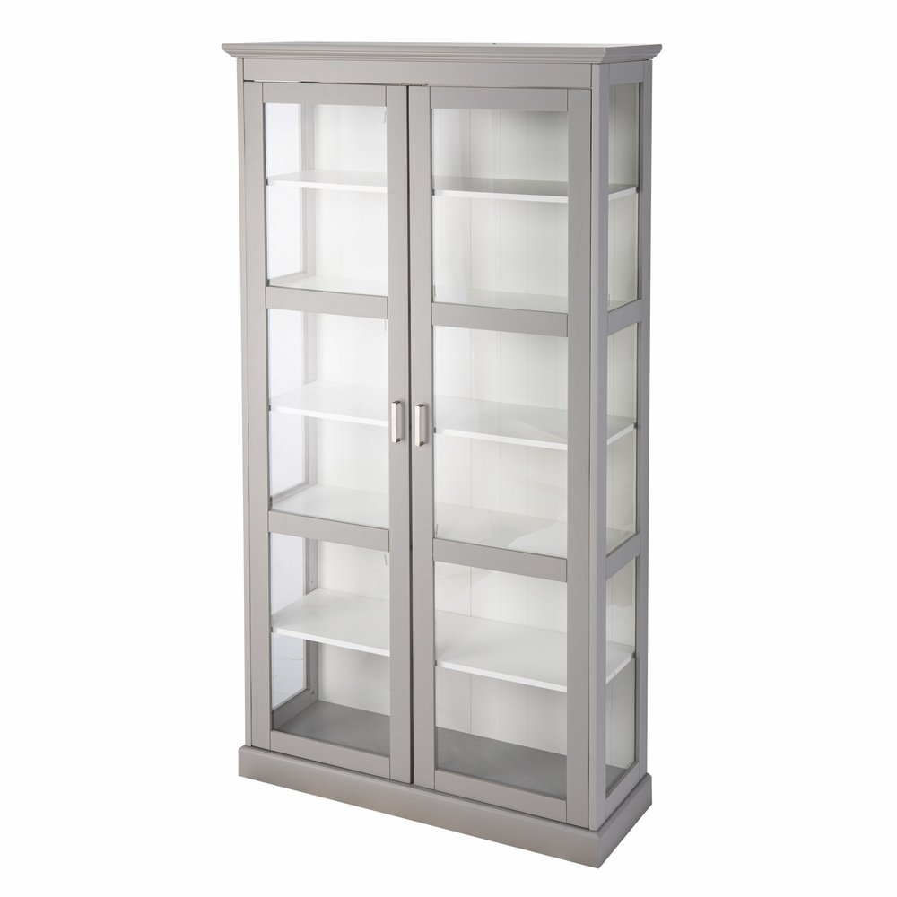 Gray Cornice Molding Double Door Curio Cabinet on a white background