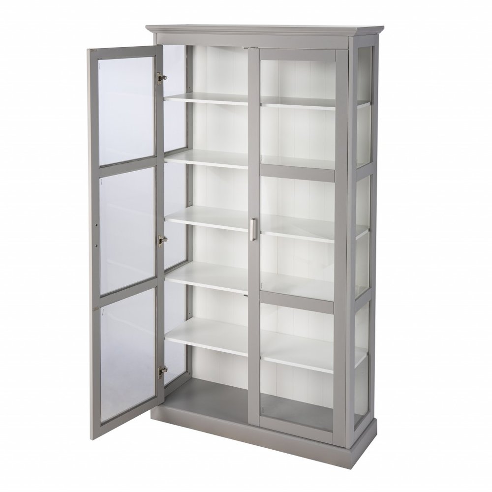 Gray Cornice Molding Double Door Curio Cabinet on a white background