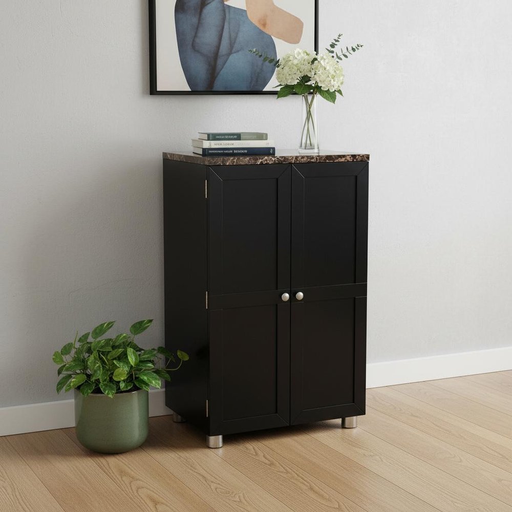 Metro Black Wood and Marble Bar Cabinet in a home interior