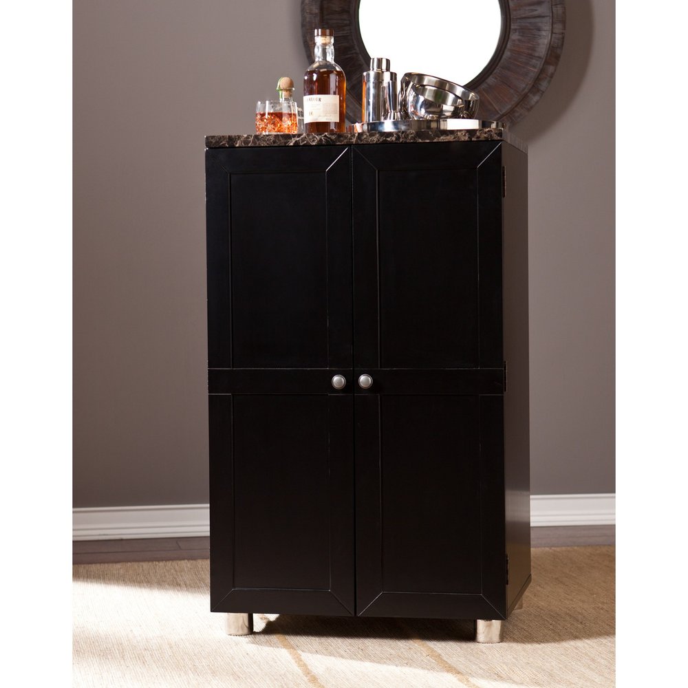 Metro Black Wood and Marble Bar Cabinet on a white background
