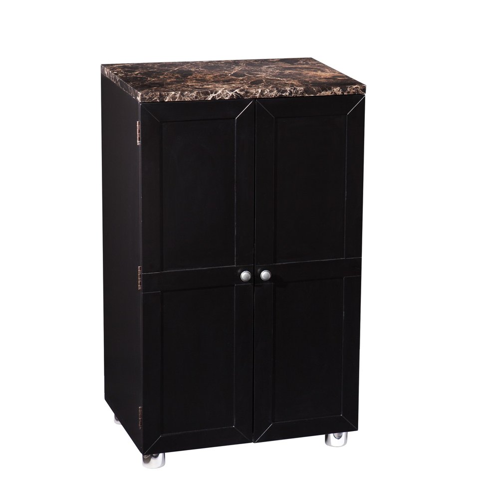 Metro Black Wood and Marble Bar Cabinet on a white background