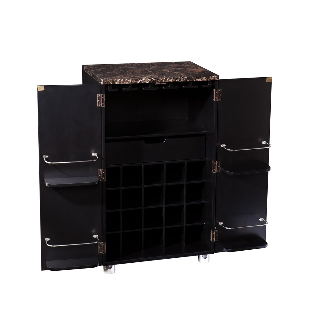 Metro Black Wood and Marble Bar Cabinet on a white background