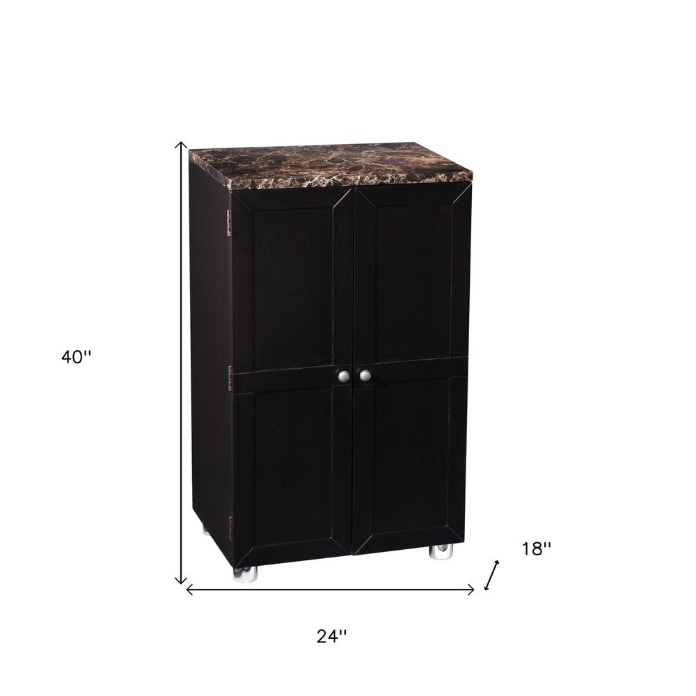 Metro Black Wood and Marble Bar Cabinet on a white background