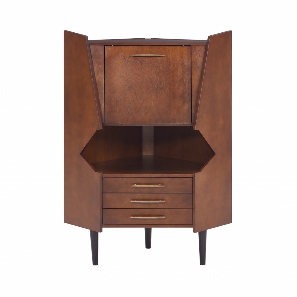 Cosmo Brown and Black Corner Bar Cabinet on a white background