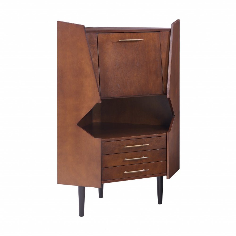 Cosmo Brown and Black Corner Bar Cabinet on a white background