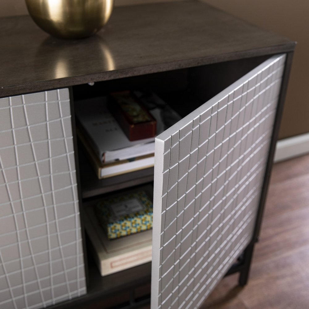 Contemporary Grid Lines Three Door Accent Cabinet in a home interior