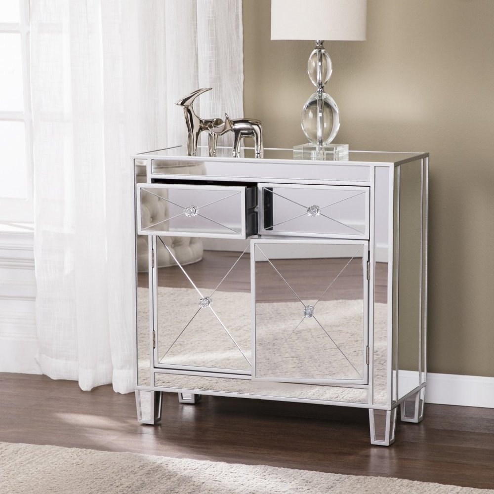Glamorous Mirrored Bling Two Door Storage Accent Cabinet close-up detail