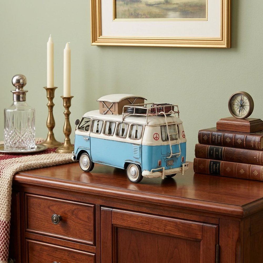 6" Blue And White Metal Volkswagen Bus Sculpture