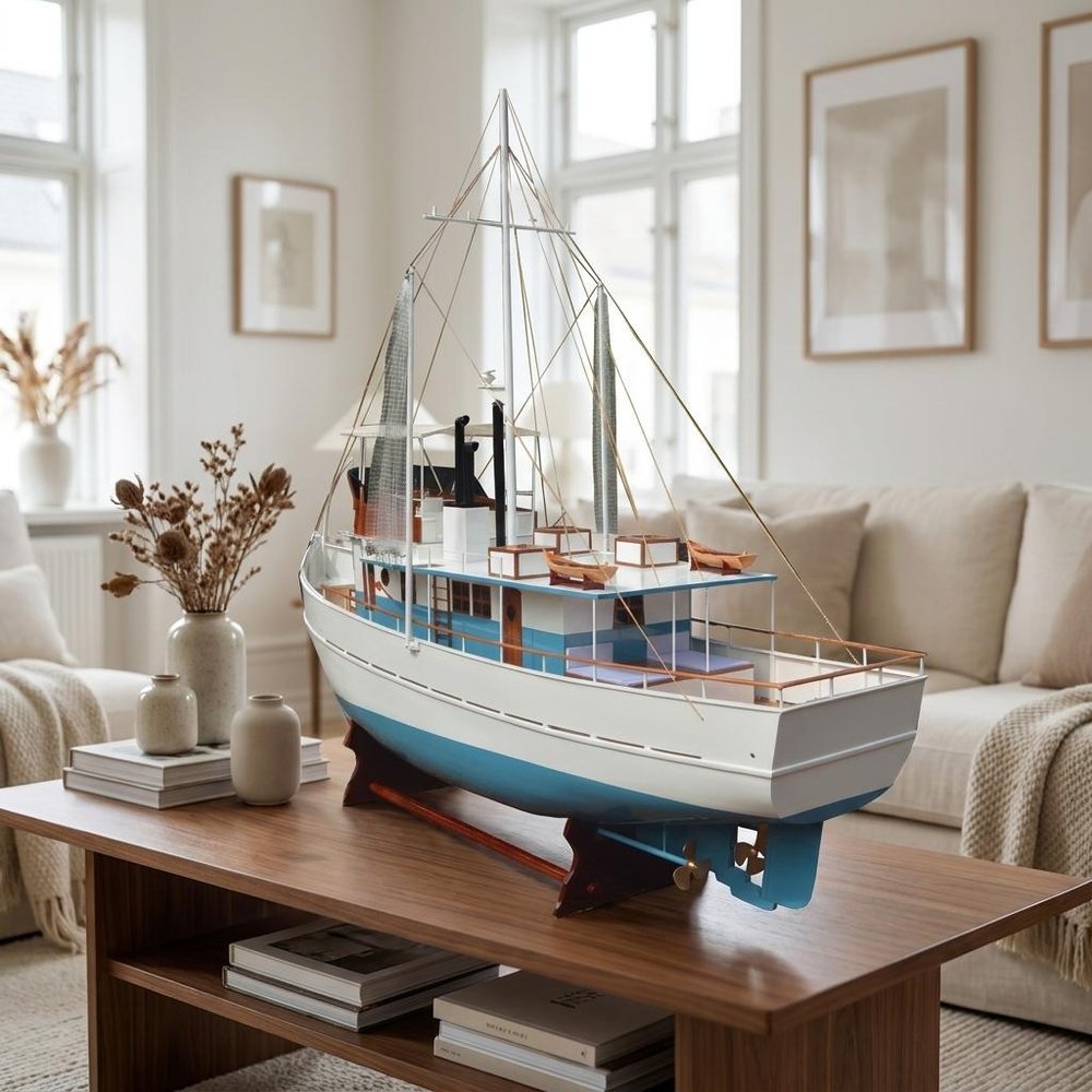 110" Blue And White Solid Wood Hand Painted Model Boat.