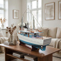 110" Blue And White Solid Wood Hand Painted Model Boat.