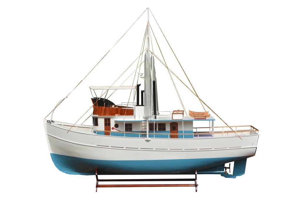 110" Blue And White Solid Wood Hand Painted Model Boat. Home product isolated on a plain white background, showing a white wood surface.