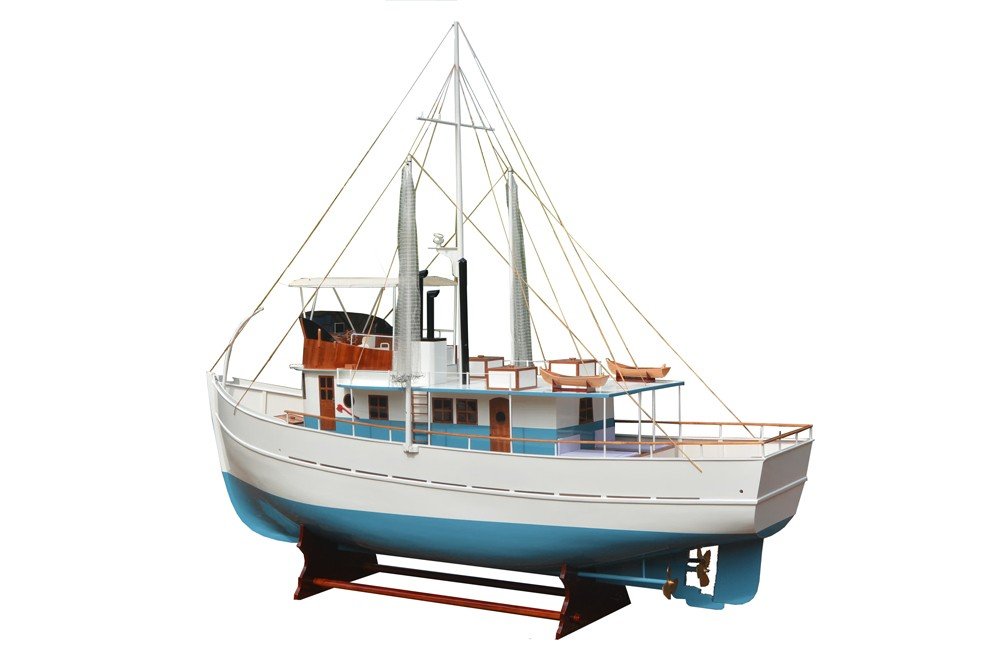 110" Blue And White Solid Wood Hand Painted Model Boat. Home product isolated on a plain white background, in a white wood finish.