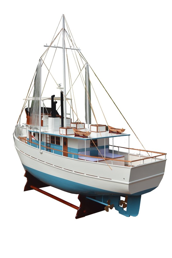 110" Blue And White Solid Wood Hand Painted Model Boat. Home product isolated on a plain white background, finished in white wood.