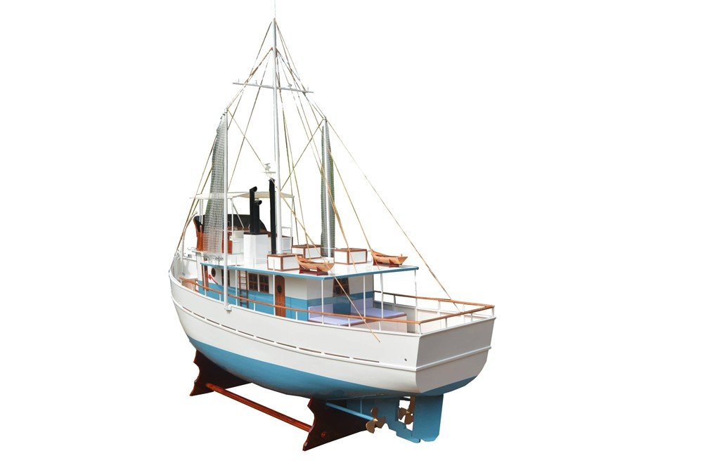 110" Blue And White Solid Wood Hand Painted Model Boat. Home product isolated on a plain white background, showing a white wood surface.