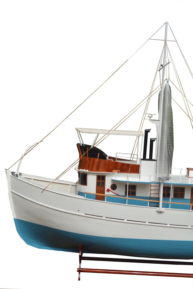 110" Blue And White Solid Wood Hand Painted Model Boat. Home product isolated on a plain white background, showing a white wood surface.