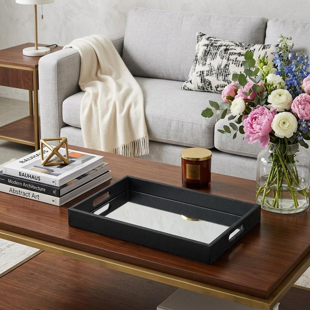 Black Shagreen Tray with Beveled Mirror