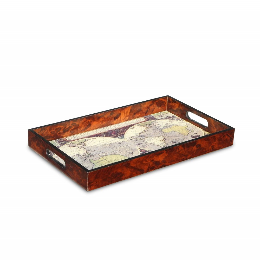 World Map Vintage Burlwood Serving Tray on a white background