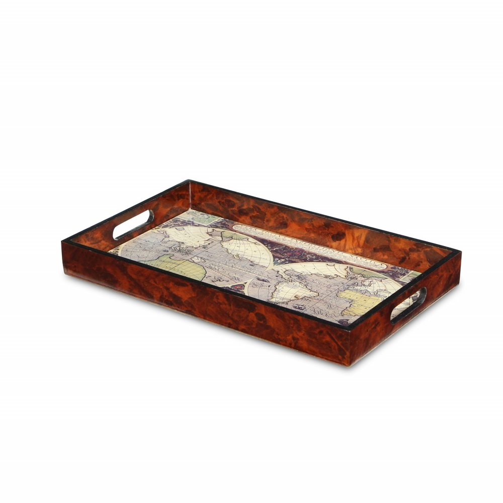 World Map Vintage Burlwood Serving Tray on a white background