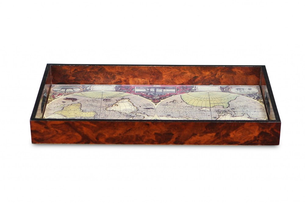 World Map Vintage Burlwood Serving Tray on a white background