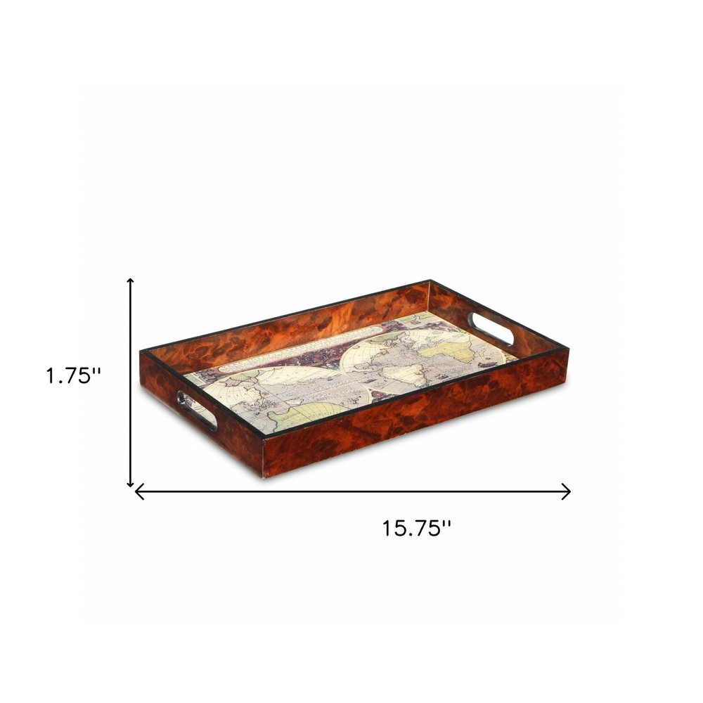 World Map Vintage Burlwood Serving Tray on a white background
