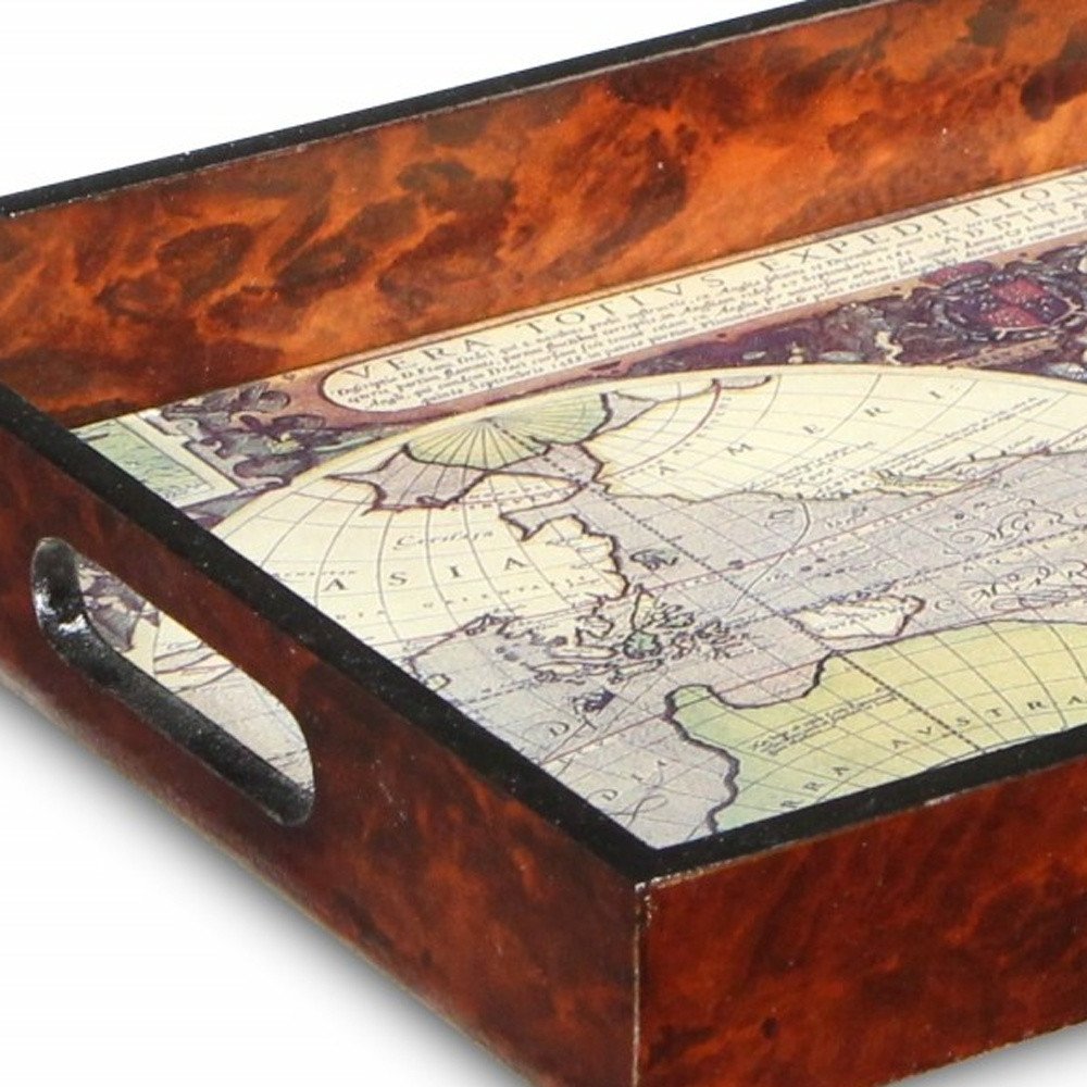 World Map Vintage Burlwood Serving Tray close-up detail