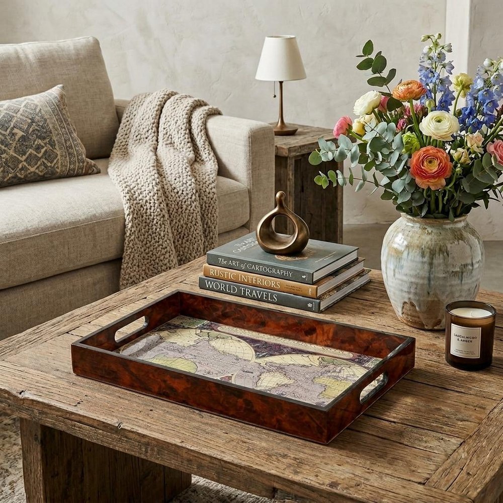 World Map Vintage Burlwood Serving Tray in a home interior