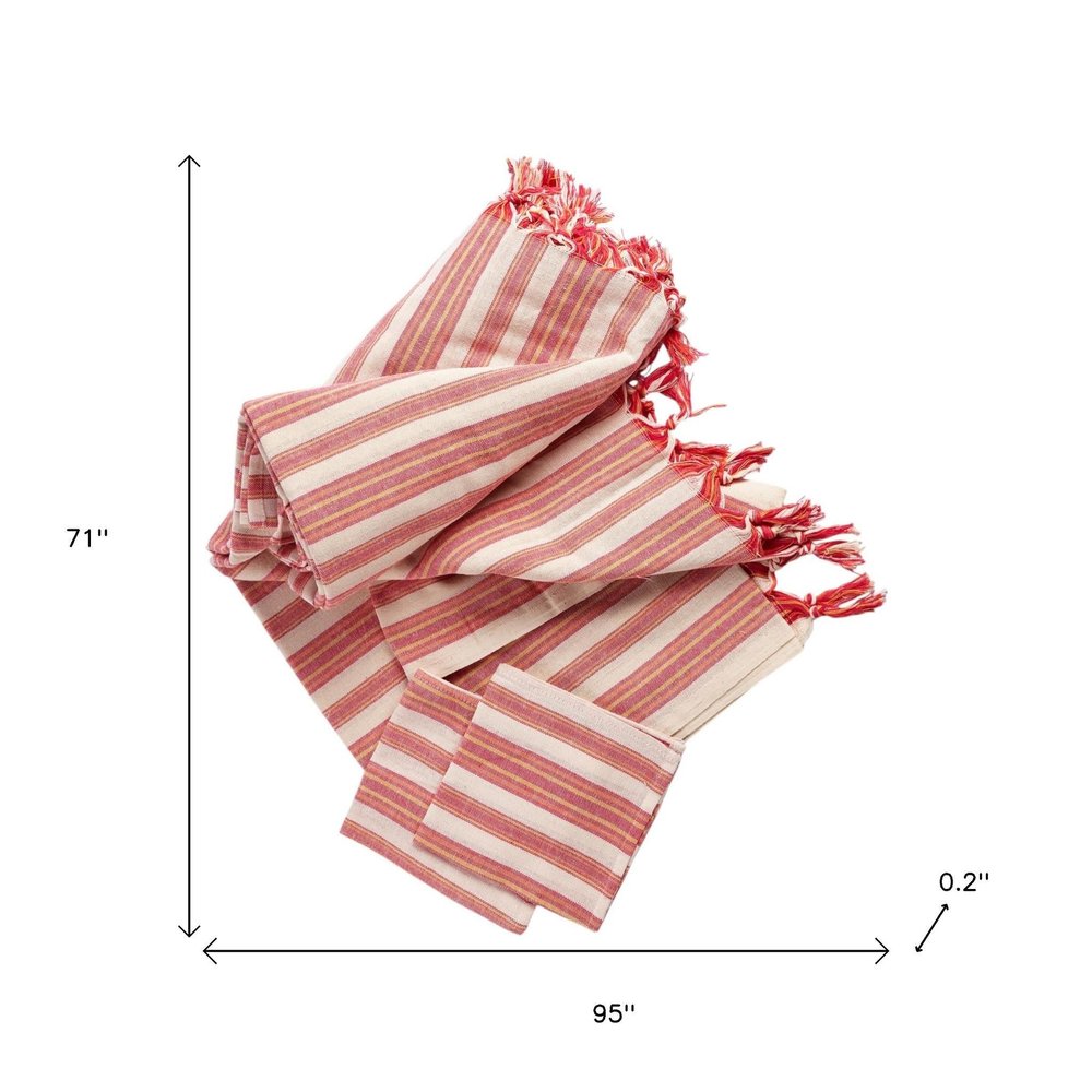 71" X 95" Red And White Striped Cotton Tablecloths on a white background