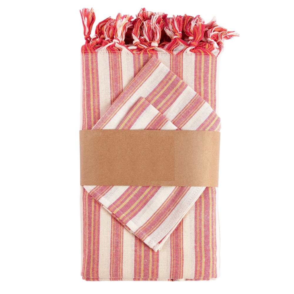 71" X 95" Red And White Striped Cotton Tablecloths on a white background