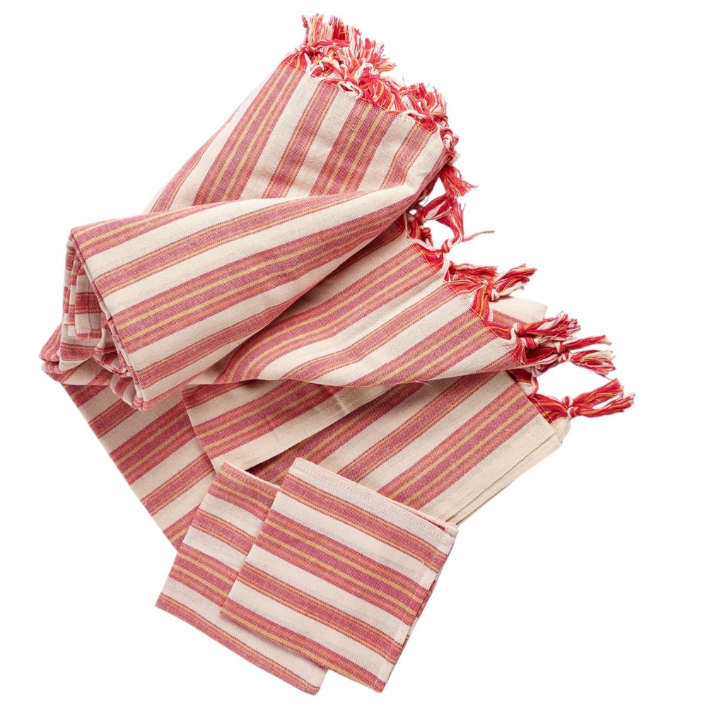 71" X 95" Red And White Striped Cotton Tablecloths on a white background
