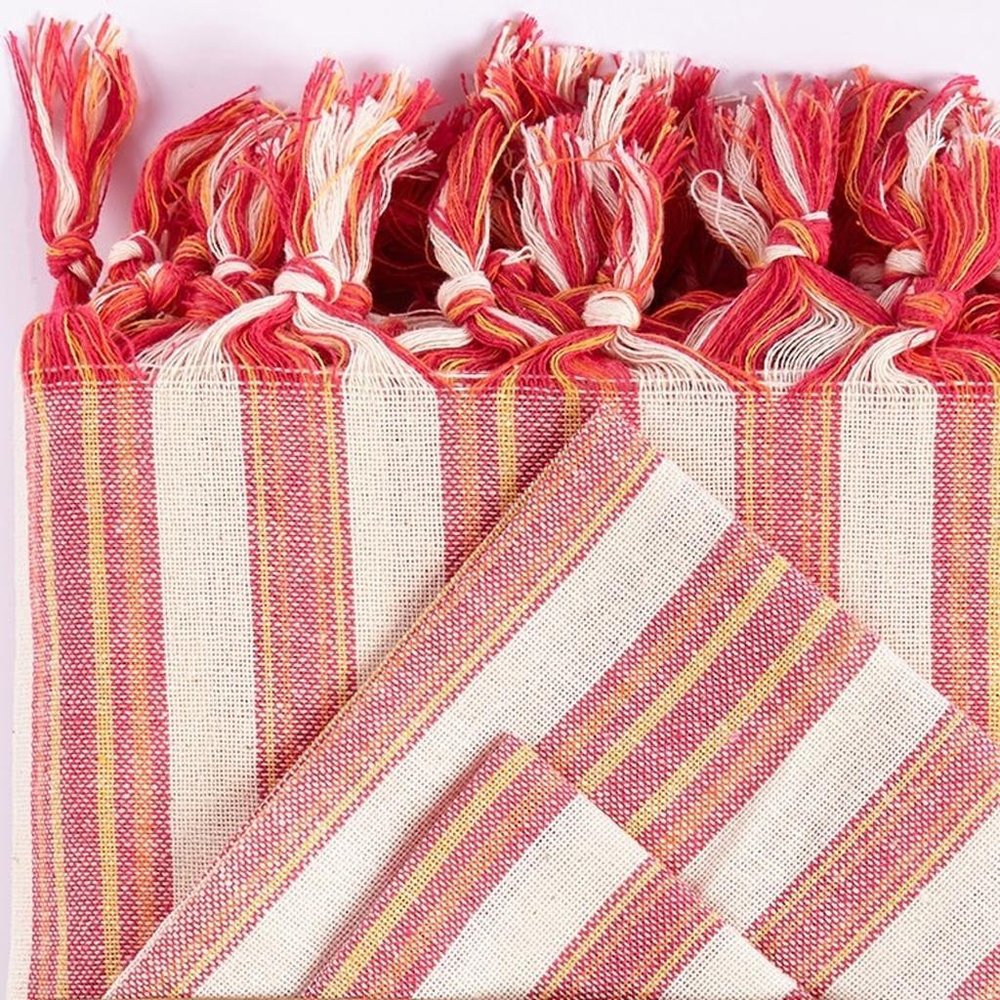 71" X 95" Red And White Striped Cotton Tablecloths close-up detail