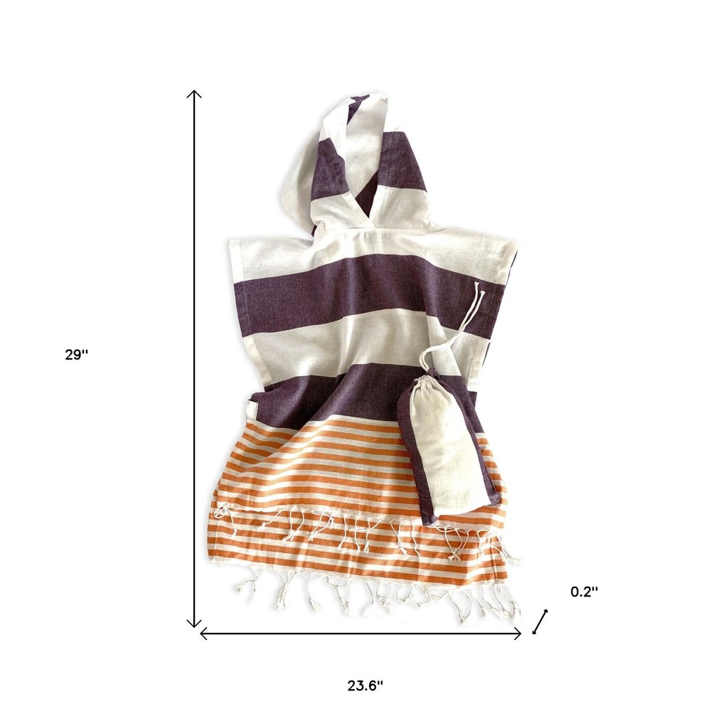 Dark Purple Orange and White Striped Design Poncho Towel on a white background