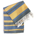 Denim Blue and Yellow Striped Turkish Towel Beach Blanket on a white background