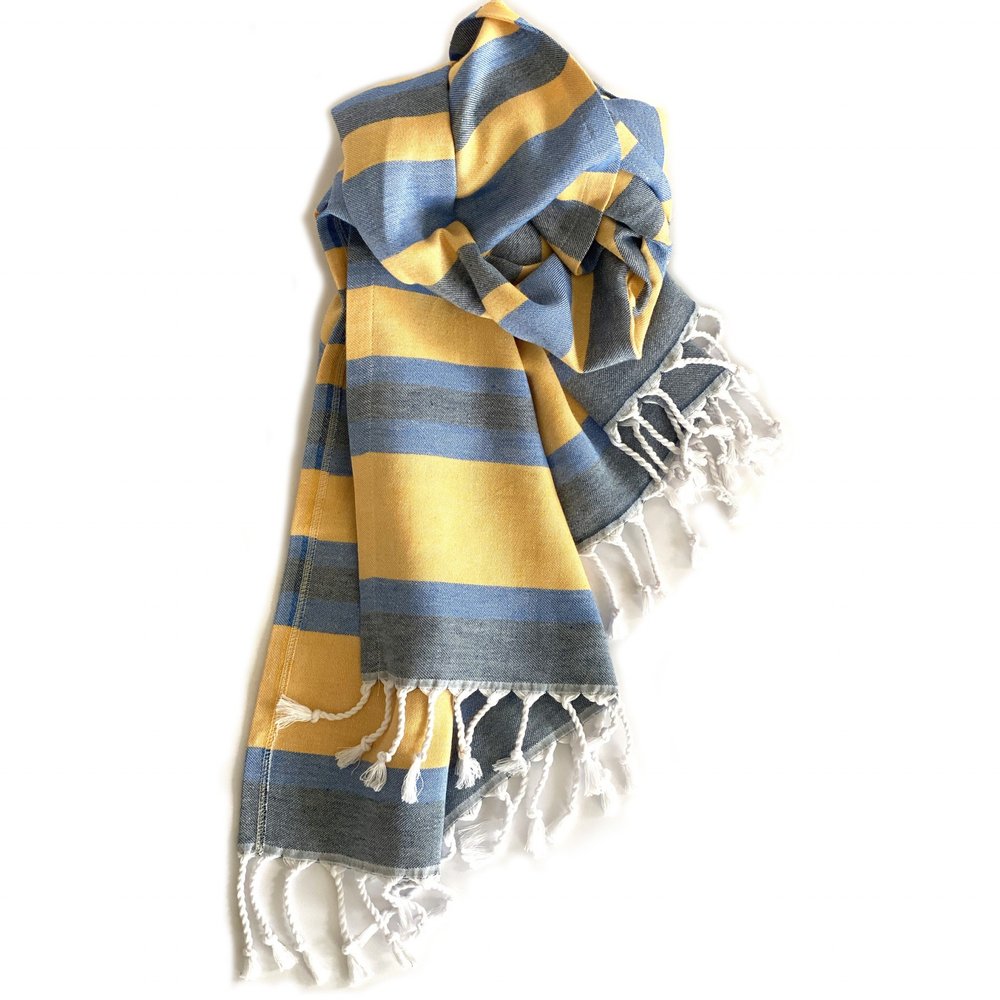 Denim Blue and Yellow Striped Turkish Towel Beach Blanket on a white background