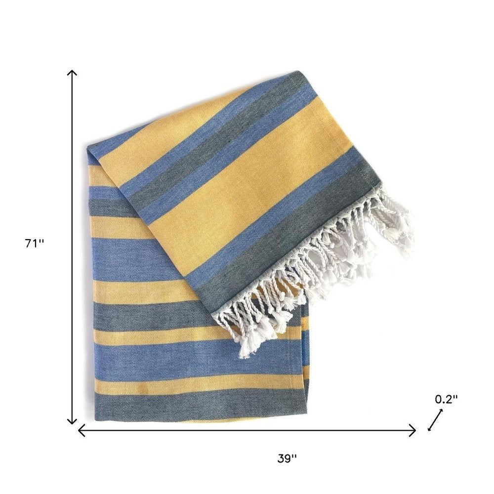 Denim Blue and Yellow Striped Turkish Towel Beach Blanket on a white background