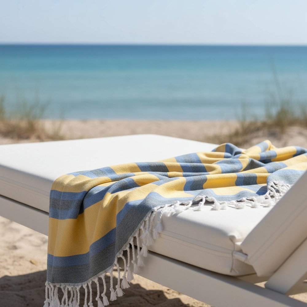 Denim Blue and Yellow Striped Turkish Towel Beach Blanket in a home interior