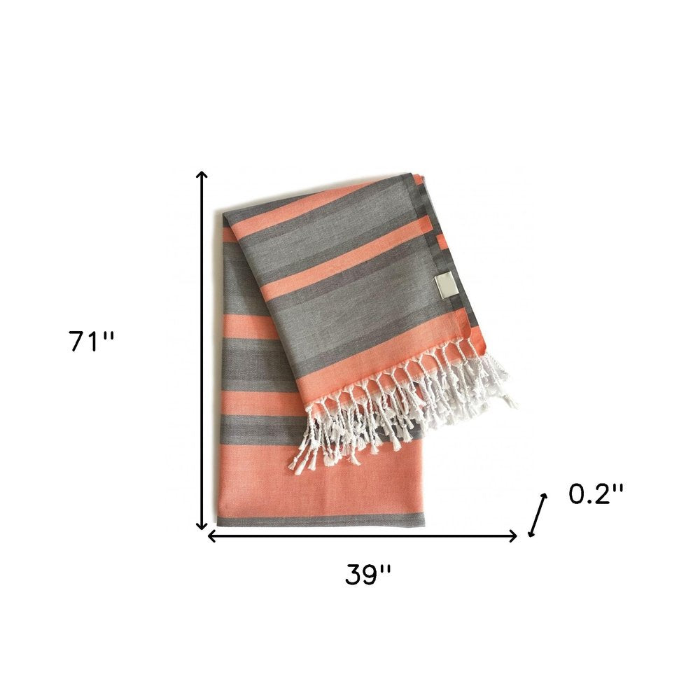 Peach and Dark Grey Striped Design Turkish Beach Blanket on a white background