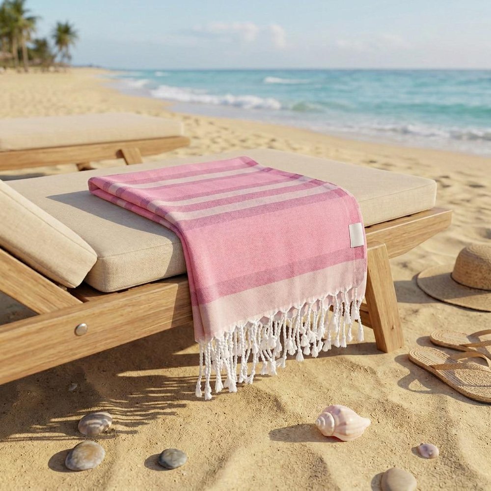 Shades of Pink Striped Design Turkish Beach Blanket in a home interior