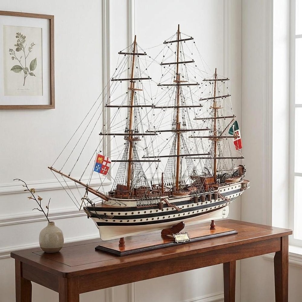 32" Black And White Solid Wood Hand Painted Boat Model Boat