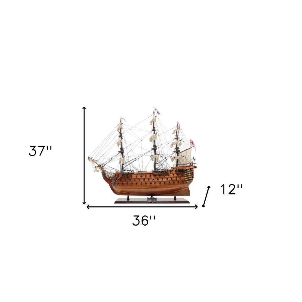 36" Brown Solid Wood Hand Painted Boat Model Boat