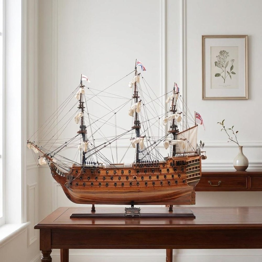 36" Brown Solid Wood Hand Painted Boat Model Boat