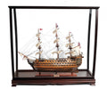 39" Brown Solid Wood Hand Painted Boat Model Boat. Sculpture isolated on a plain white background, in a brown wood finish.