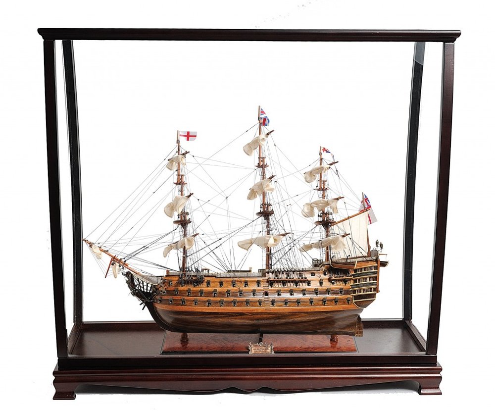 39" Brown Solid Wood Hand Painted Boat Model Boat. Sculpture isolated on a plain white background, in a brown wood finish.