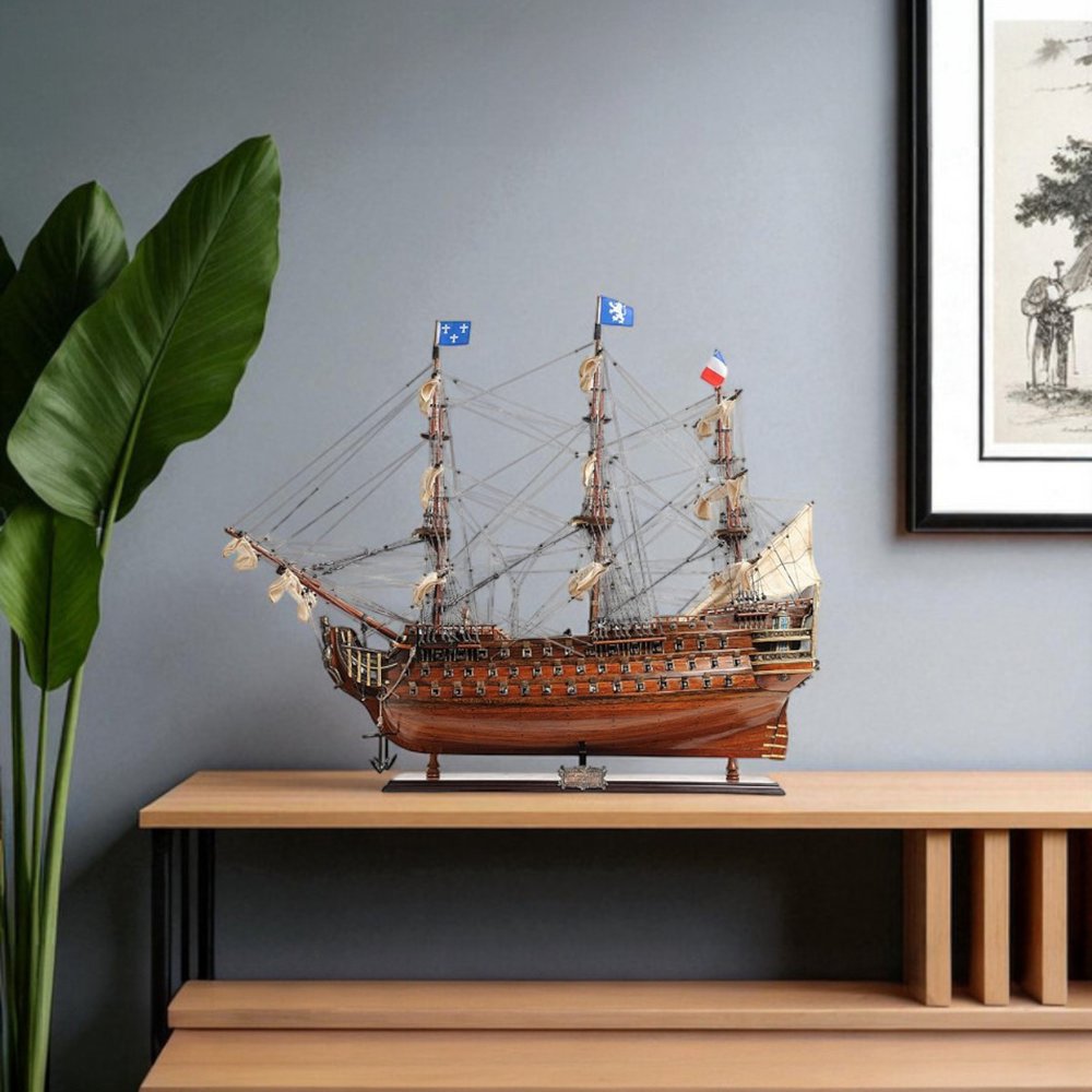 36" Brown Solid Wood Hand Painted Boat Model Boat
