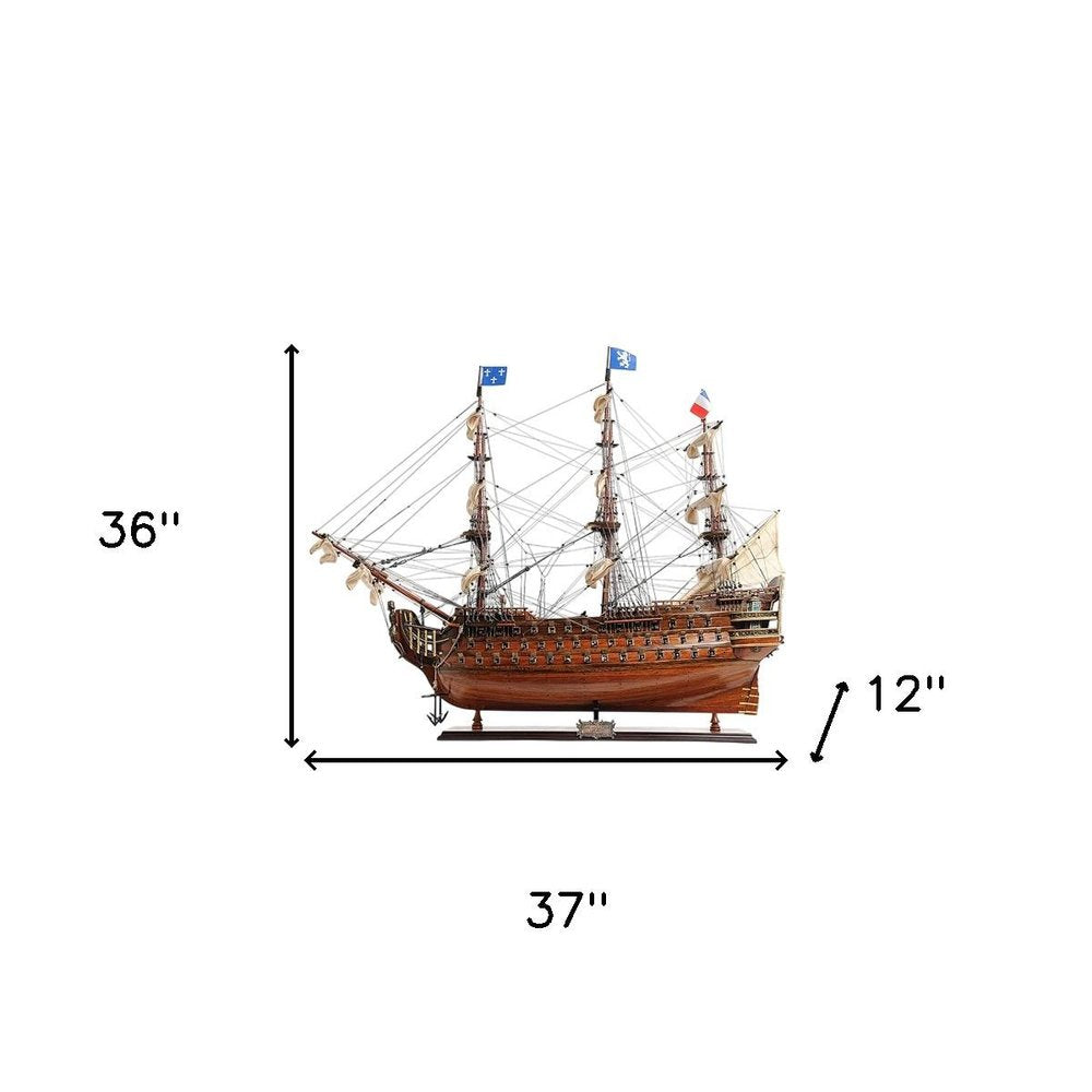 36" Brown Solid Wood Hand Painted Boat Model Boat