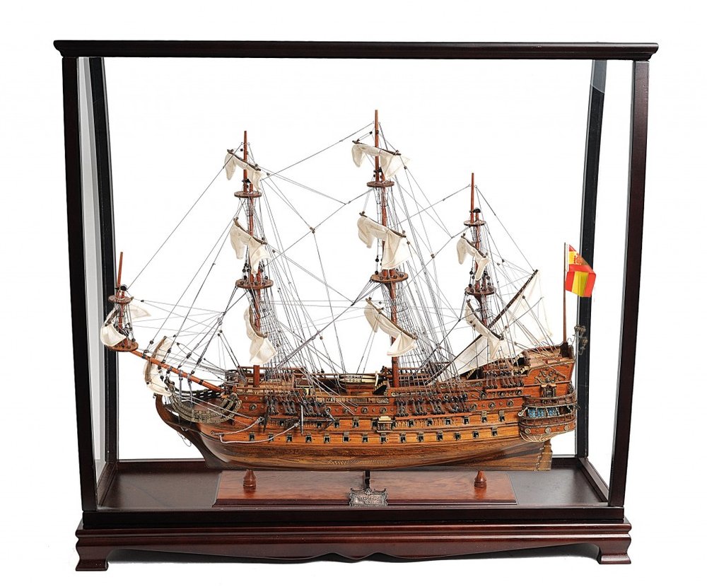 39" Wood Brown San Felipe Large Table Top Display Hand Painted Decorative Boat. Sculpture isolated on a plain white background, in a brown wood finish.