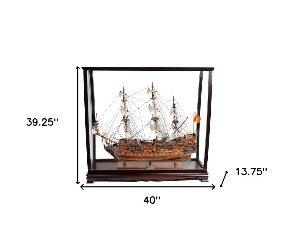 39" Wood Brown San Felipe Large Table Top Display Hand Painted Decorative Boat. Sculpture isolated on a plain white background, showing a wood surface.