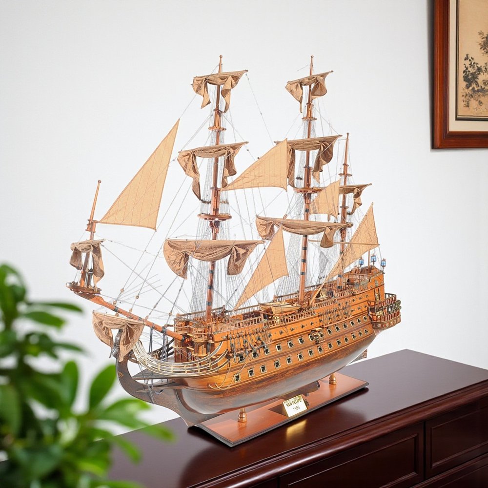 82" Brown Solid Wood Hand Painted Boat Model Boat