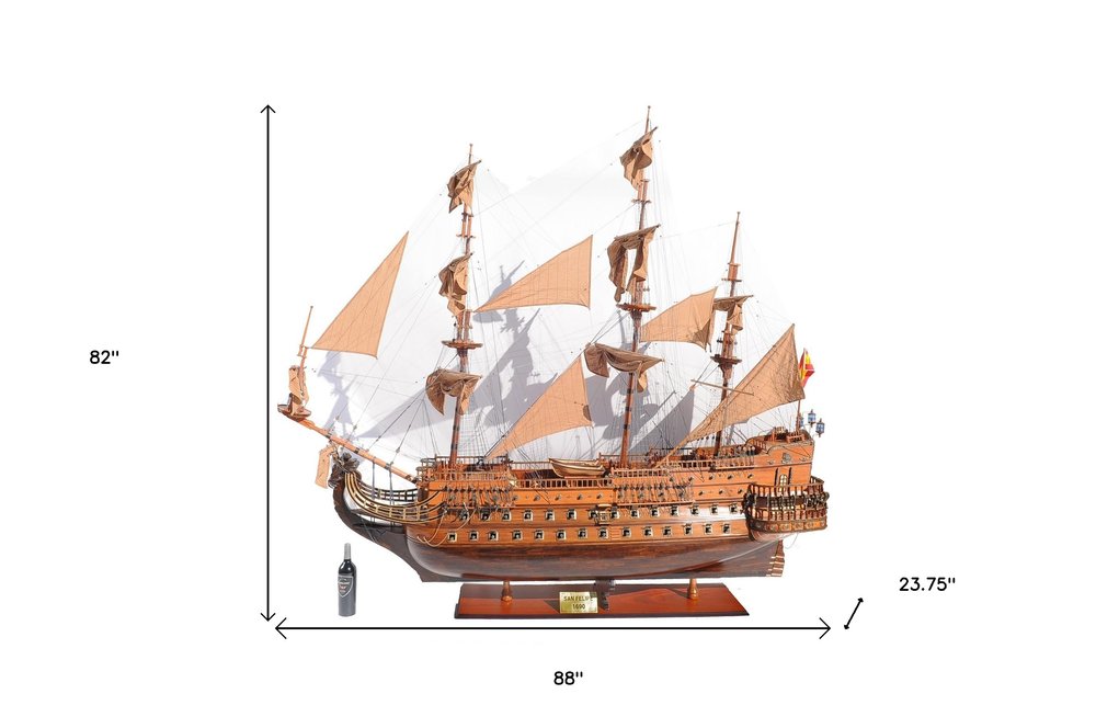 82" Brown Solid Wood Hand Painted Boat Model Boat