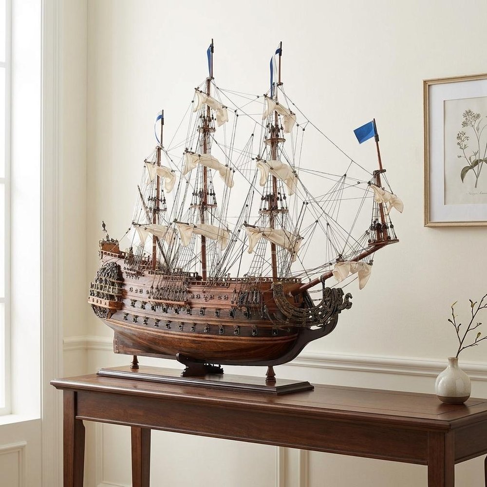 27" Brown Solid Wood Hand Painted Boat Model Boat