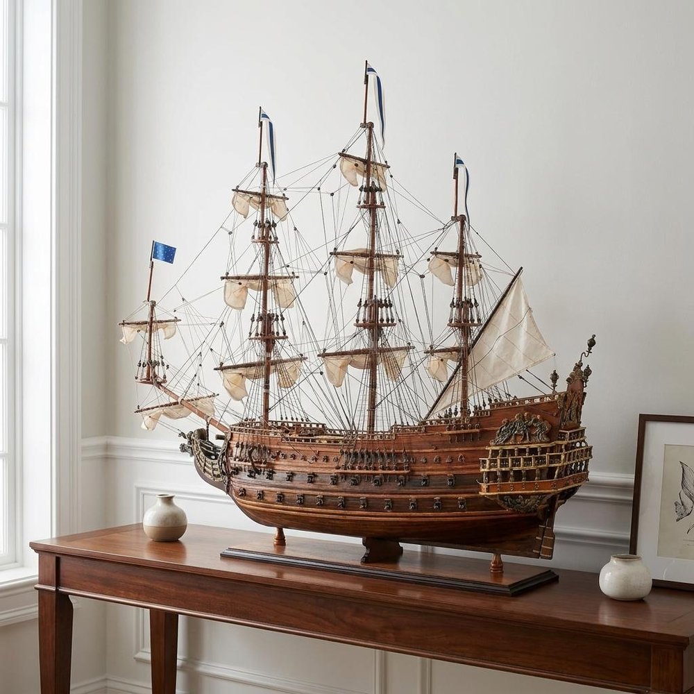 33" Brown Solid Wood Hand Painted Boat Model Boat